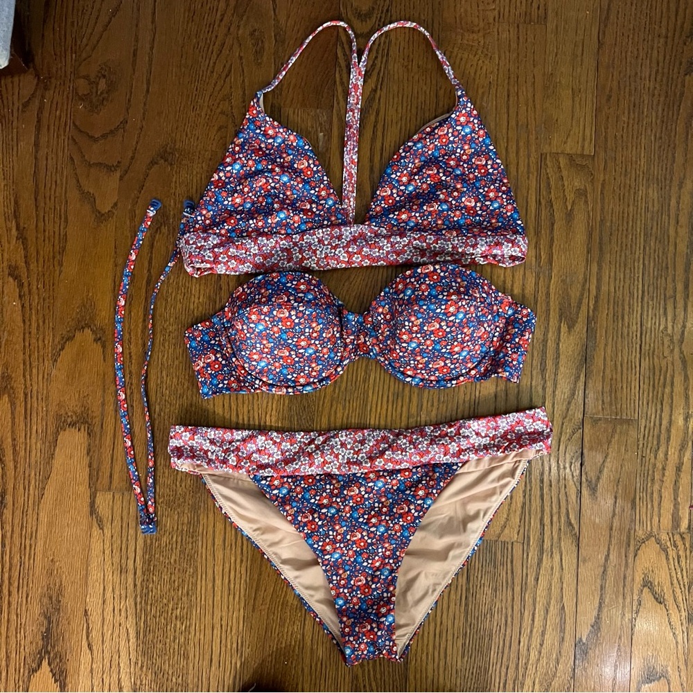 J Crew Liberty “Betsey  Ann” Ruffle Bikini with French Top 3 Piece Set L XL